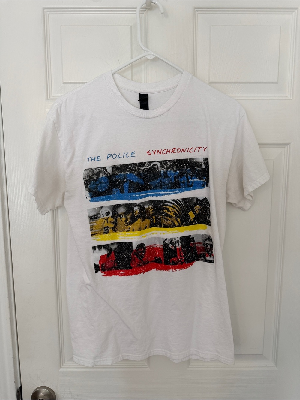 Reposh -Police White Short-Sleeve Synchronicity Graphic Tee with Blue Yellow Red